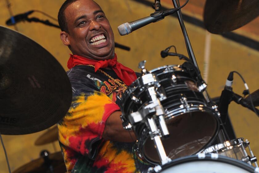 NEW ORLEANS, LA - MAY 06: Russell Batiste Jr. of The Funky Meters performs during the 2012 New Orleans Jazz & Heritage Festival Day 7 at the Fair Grounds Race Course on May 6, 2012 in New Orleans, Louisiana. (Photo by Rick Diamond/Getty Images)