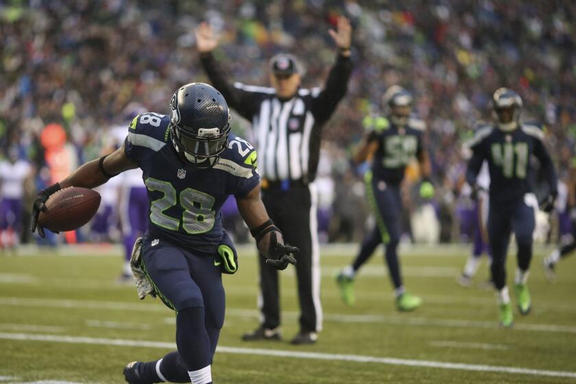 Seahawks cornerback Walter Thurmond celebrates after returning an interception for a touchdown against the Minnesota Vikings two weeks ago.