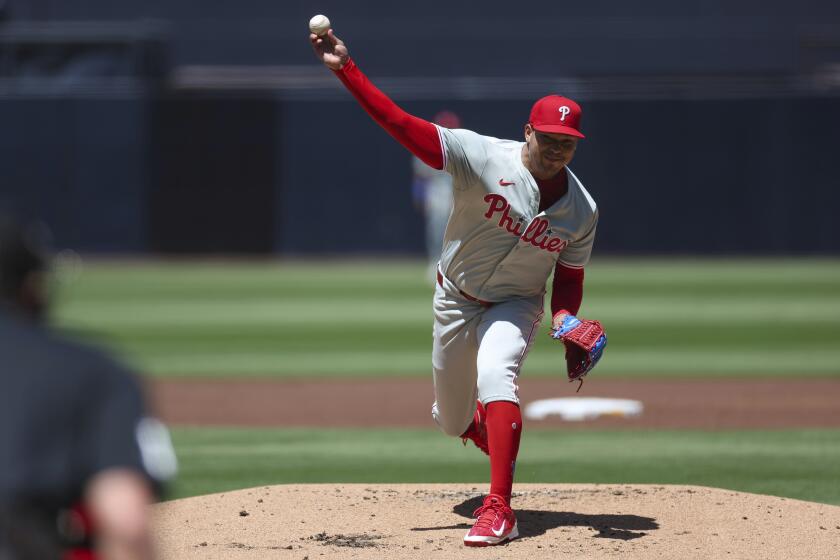 Philadelphia Phillies starting pitcher Taijuan Walker throws a pitch during the first inning of a baseball game against the San Diego Padres, Sunday, April 28, 2024, in San Diego. (AP Photo/Brandon Sloter)