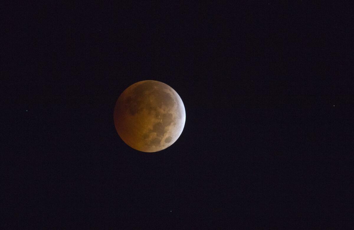 A total lunar eclipse, as seen from Los Angeles in October 2014.