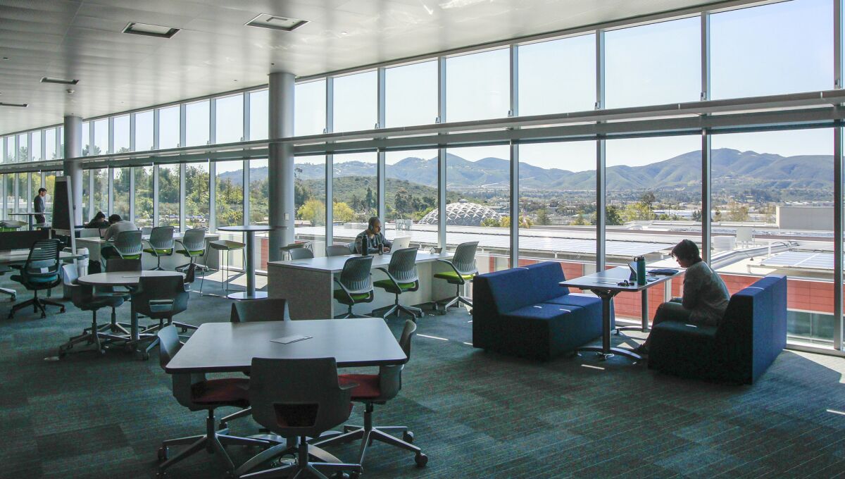 This is a 4th floor study lounge with mountain views at the new 85,000-square-foot library at Palomar College on Friday in San Marcos.