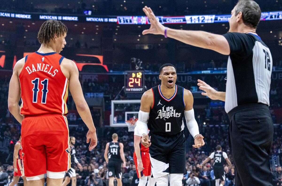 Russell Westbrook questions a foul called on him in the first half.