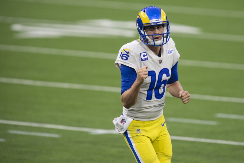 Rams quarterback Jared Goff (16) pumps his fist.