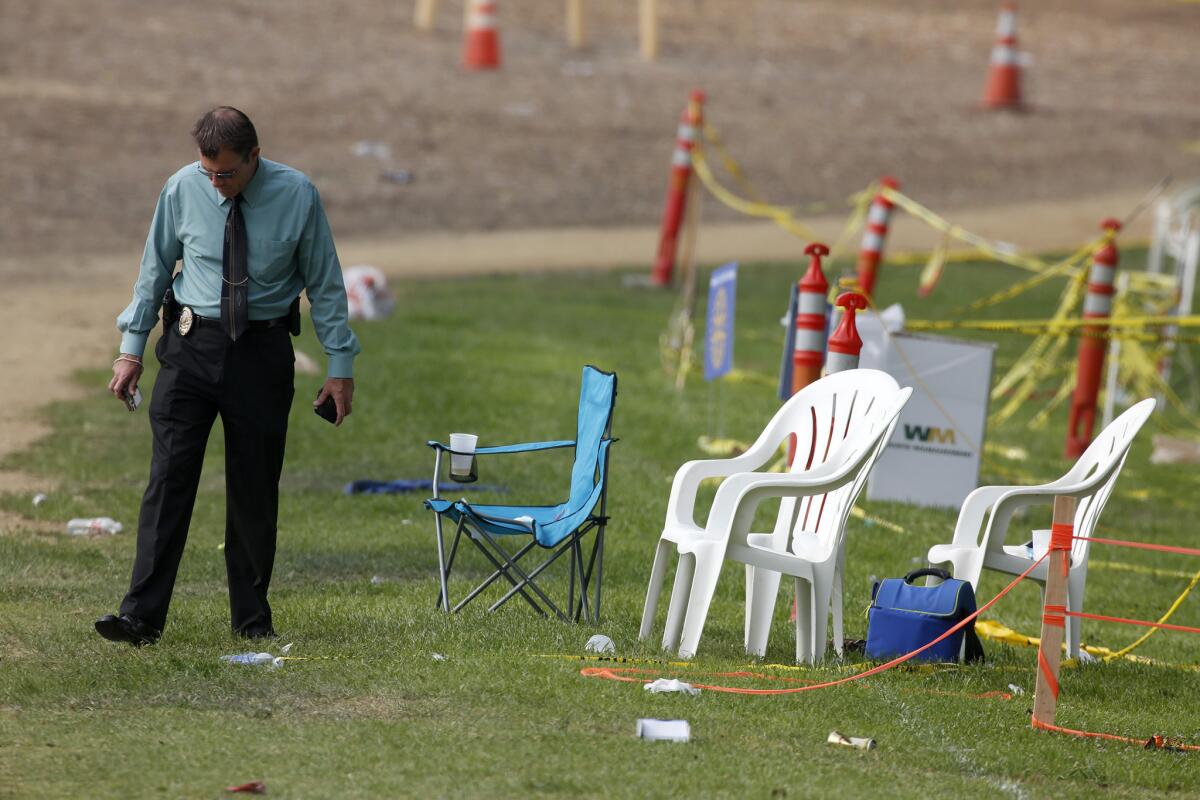 Simi Valley police investigate the scene where fireworks exploded and shot into the crowd during a Fourth of July celebration.