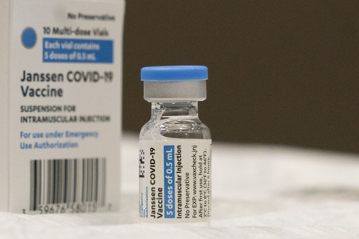 A vial of the Johnson & Johnson COVID-19 vaccine is displayed at South Shore University Hospital in Bay Shore, N.Y. 