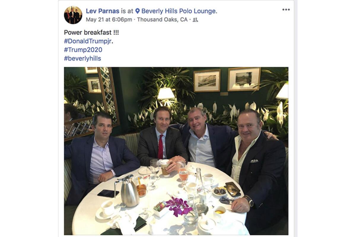 A now-deleted Facebook post from May 2018 shows Donald Trump Jr., left, with Tommy Hicks Jr., Lev Parnas and Igor Fruman, from left.