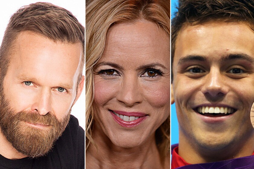 Bob Harper, left, Maria Bello and Tom Daley all recently announced they are gay or in same-sex relationships.