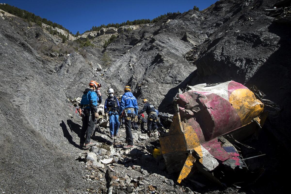 Members of the Gendarmerie High-Mountain Rescue Group work at the site of the Germanwings Airbus A320 crash near Seynes-les-Alpes, France, on March 31.