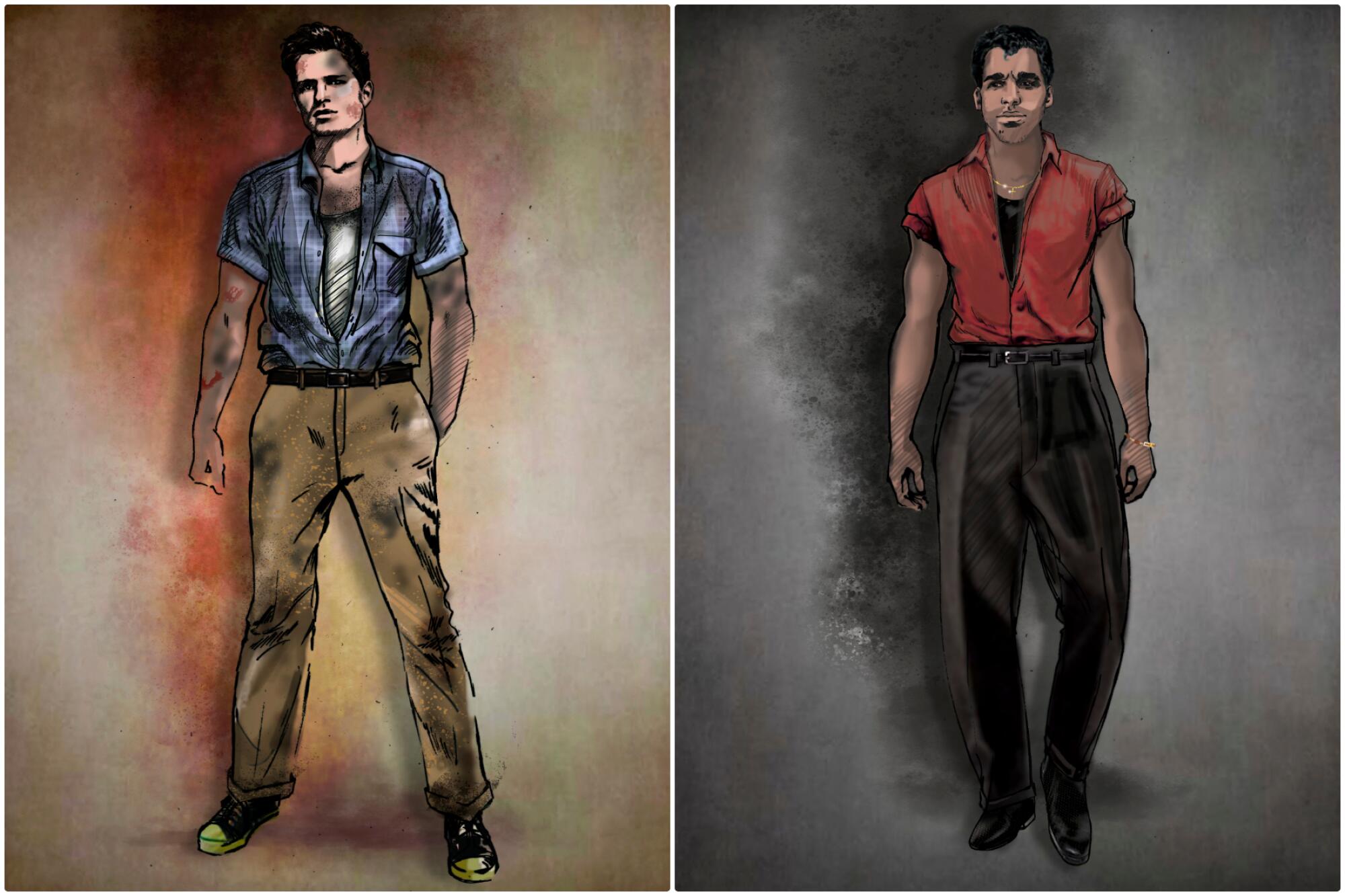Costume sketches of the Tony and Bernardo characters from "West Side Story."
