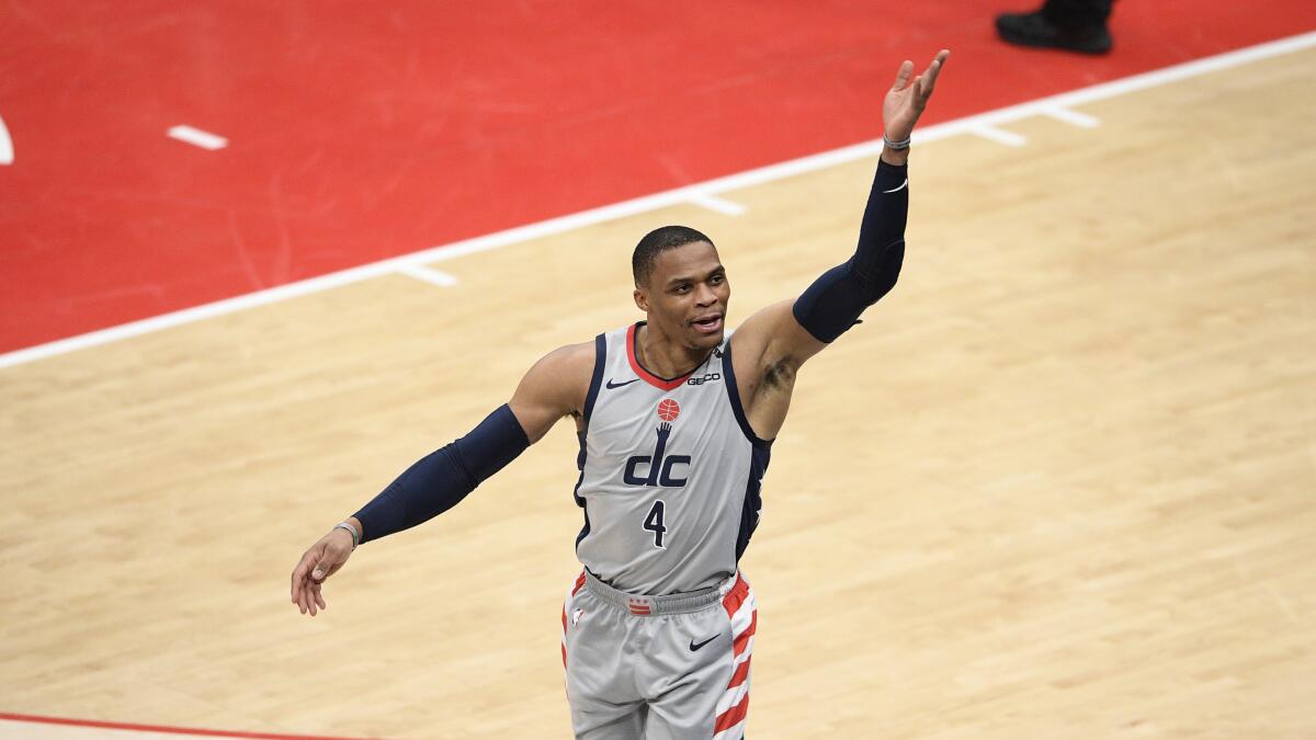 Washington Wizards guard Russell Westbrook reacts.