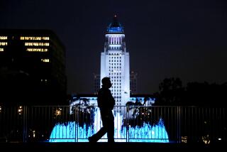 View of Los Angeles' City Hall from Grand Park.