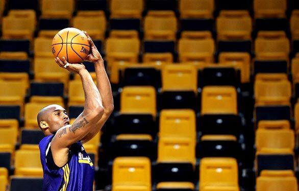 The Lakers' Kobe Bryant takes a shot during practice Wednesday at TD Banknorth Garden in Boston. The Lakers will play the Boston Celtics in Game 1 of the NBA Finals on Thursday.