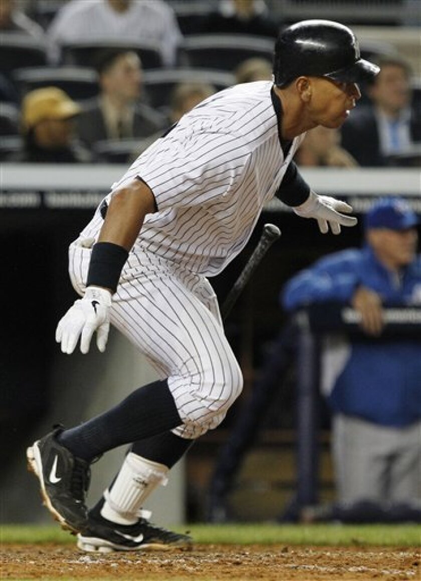 New York Yankees' Alex Rodriguez drops his bat on a two-run single during the fifth inning of a baseball game against the Kansas City Royals on Tuesday, May 10, 2011, at Yankee Stadium in New York. (AP Photo/Frank Franklin II)