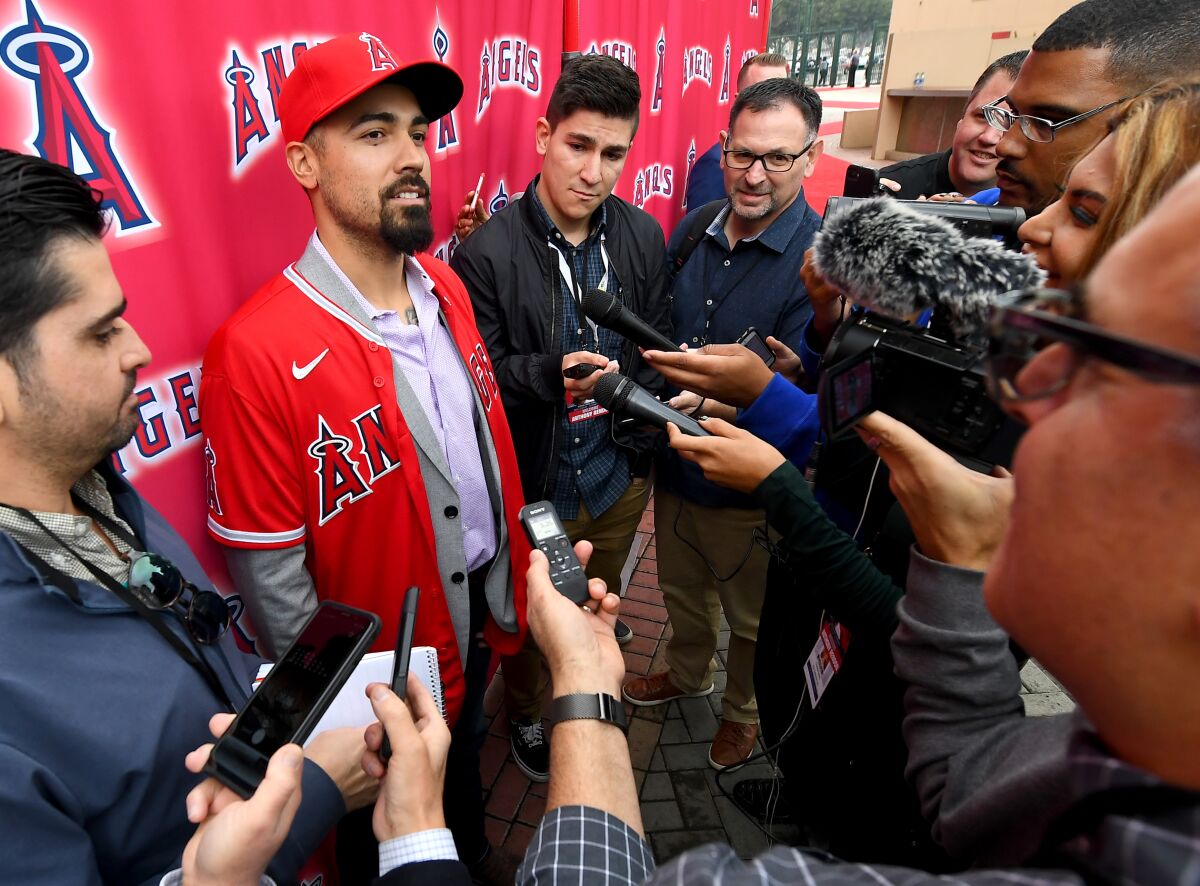 Angels third baseman Anthony Rendon is interviewed after a news conference Dec. 14 at Angel Stadium.