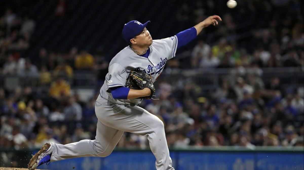 Dodgers starting pitcher Hyun-Jin Ryu delivers in the sixth inning against the Pittsburgh Pirates in Pittsburgh on Saturday.