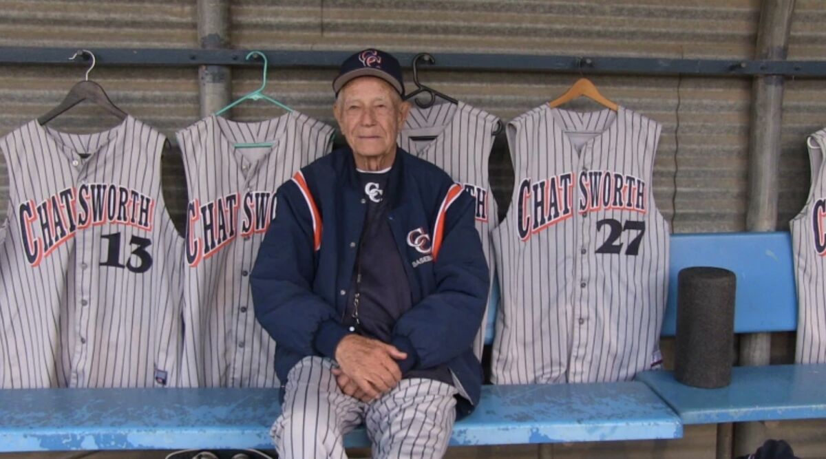 Former Chatsworth assistant baseball coach Chuck Hatfield, here in 2017, turns 100 on Wednesday.