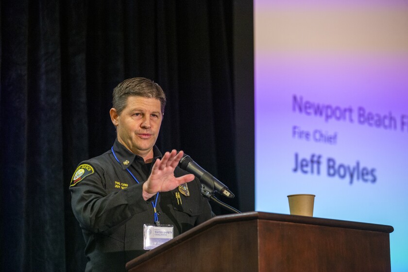 Jeff Boyles, Newport Beach fire chief, speaks.