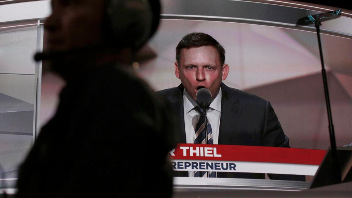 Libertarian billionaire Peter Thiel speaking on behalf of Donald Trump at the Republican National Convention in July