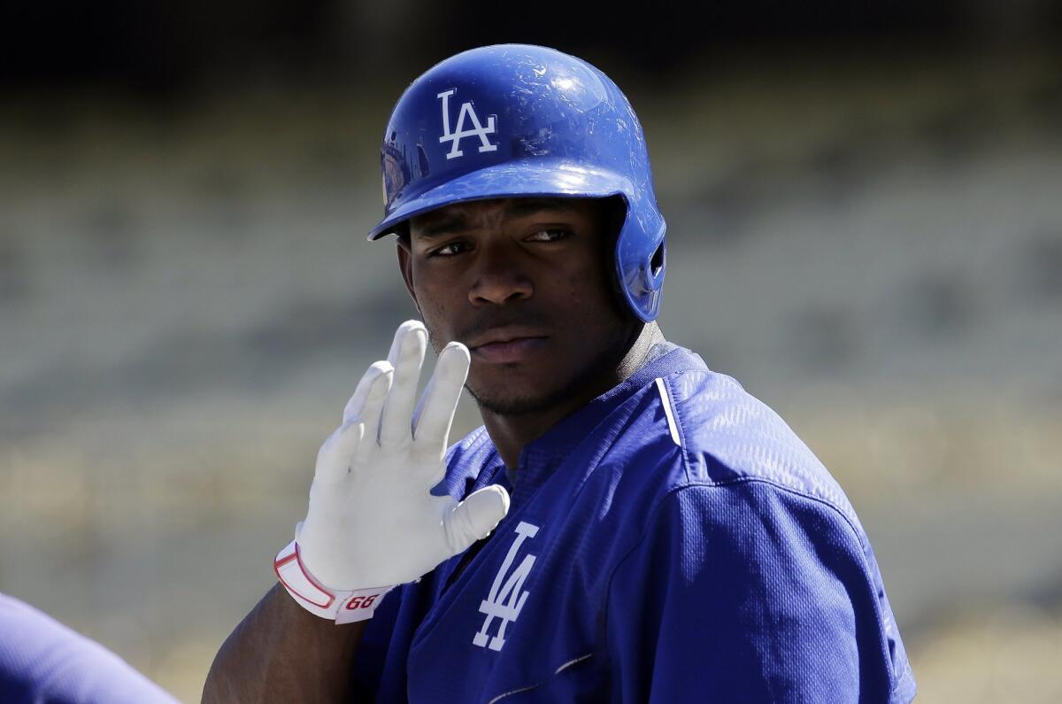 Dodgers right fielder Yasiel Puig participates in batting practice on Oct. 8.