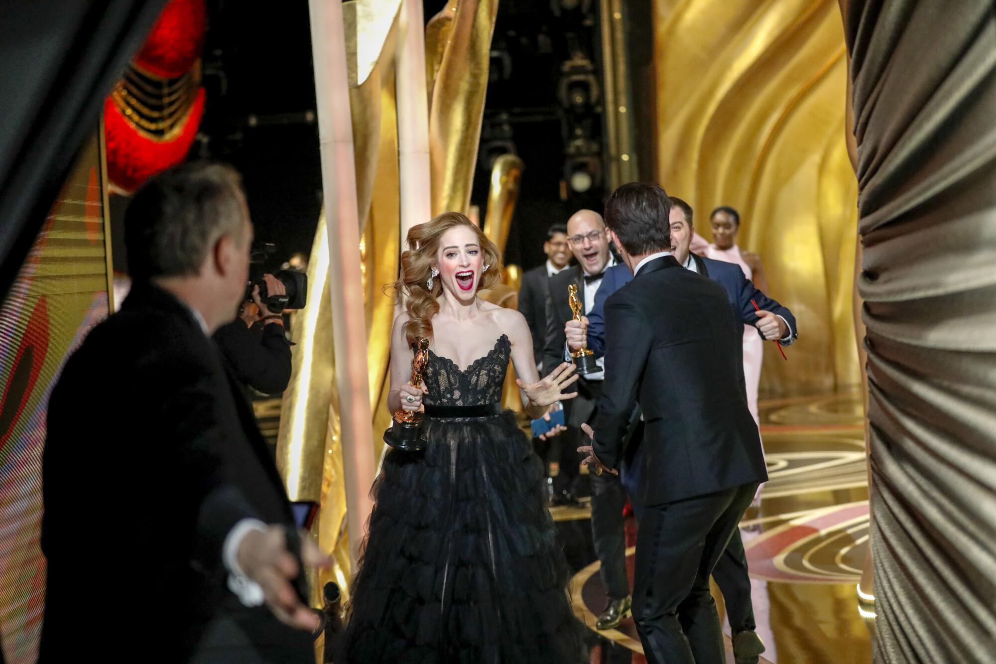 2019: Exultant Jaime Ray Newman leaves the stage after winning the short film Academy Award