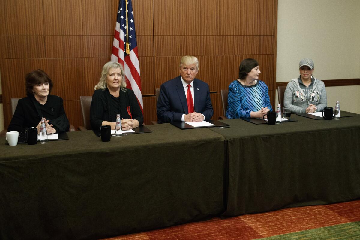 Donald Trump before the second debate with, from left, Kathleen Willey, Juanita Broaddrick, Kathy Shelton and Paula Jones.