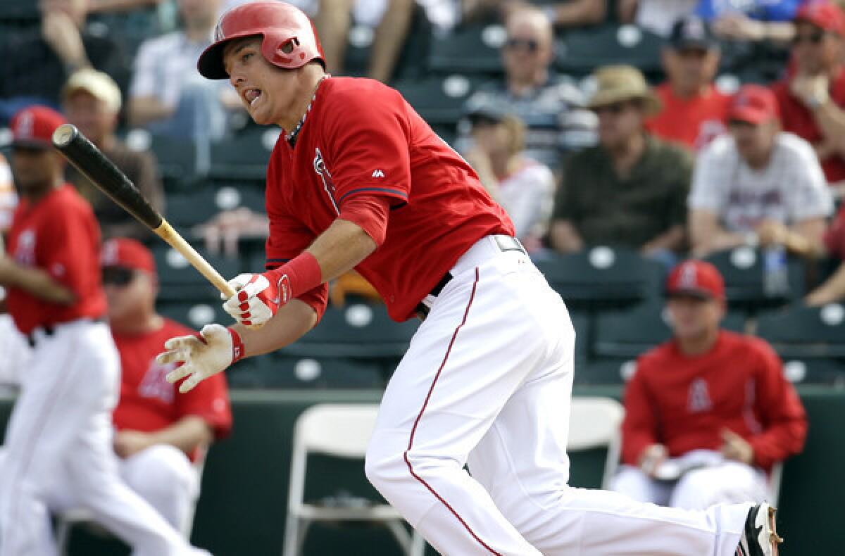 Angels center fielder Mike Trout, who homered against the White Sox on Wednesday, heads to first base after connecting for a single against Chicago earlier this month.