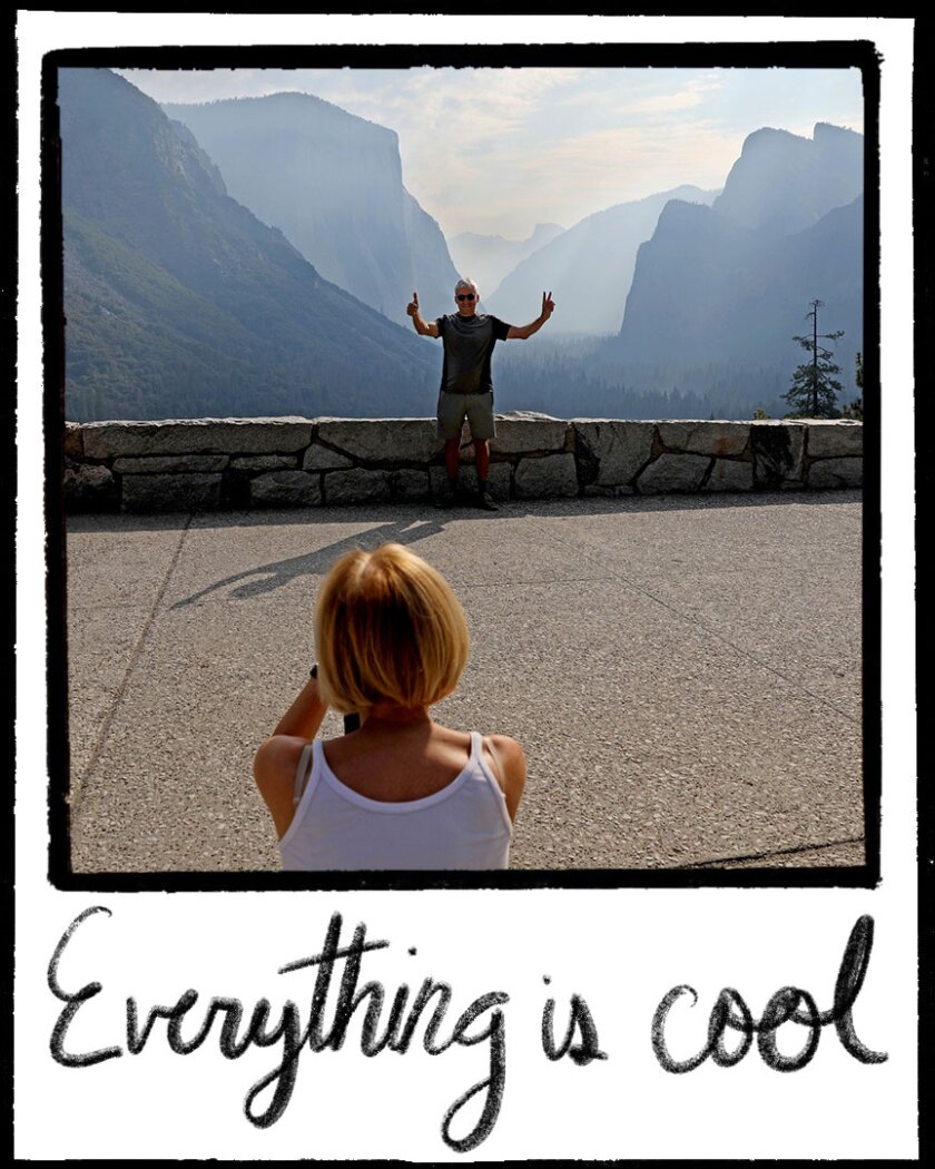 Photo of visitors at Yosemite Valley inside a Polaroid-style illustration.
