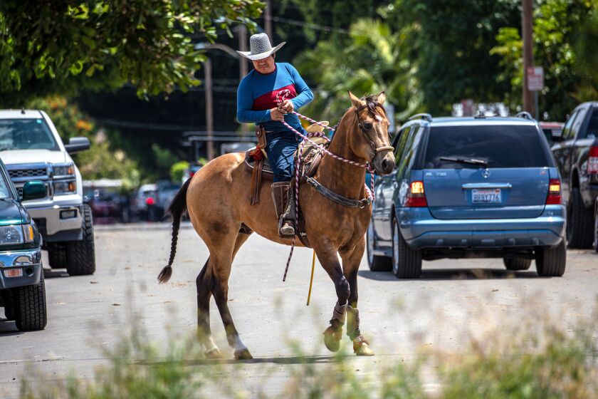 WHITTIER, CA - MAY 06: Faustino Morales riding horse Sherrif, on his way to horse trail along San Gabriel River near Pellissier Village near Whittier, CA. (Irfan Khan / Los Angeles Times)