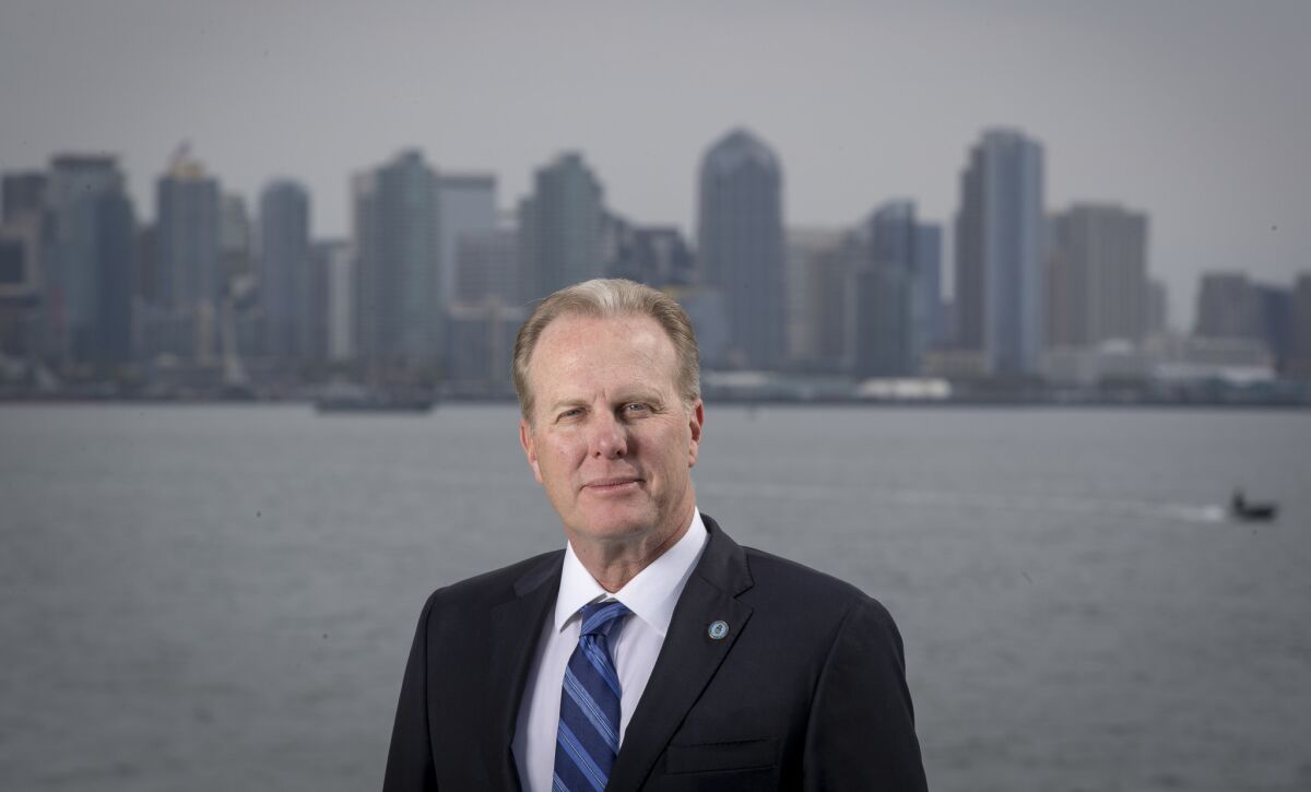 San Diego Mayor Kevin Faulconer poses for a portrait in front of the city skyline