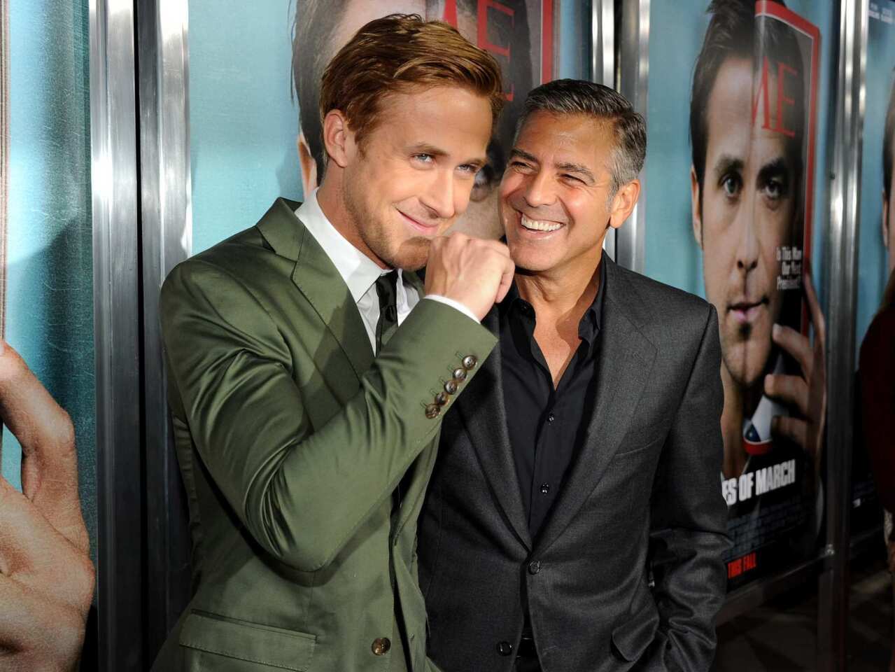 Ryan Gosling and George Clooney hit the red carpet in Los Angeles on Tuesday night to celebrate the opening of their new political thriller, "The Ides of March." Clooney stars as a presidential hopeful, while Gosling plays his idealistic staffer who gets a lesson in dirty politics.