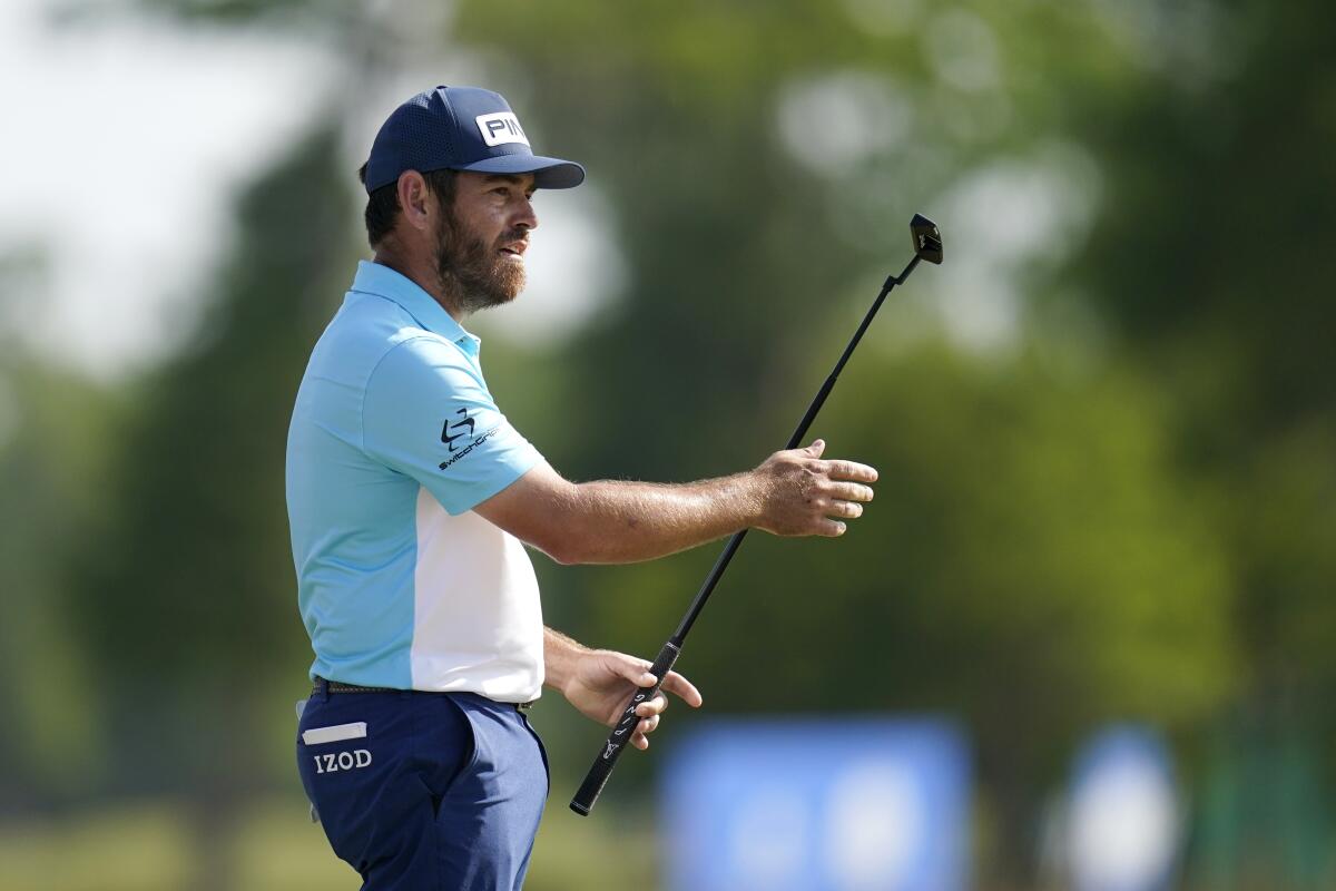 Louis Oosthuizen reacts after missing an eagle putt on No. 18 during the third round of the Zurich Classic on April 24, 2021.