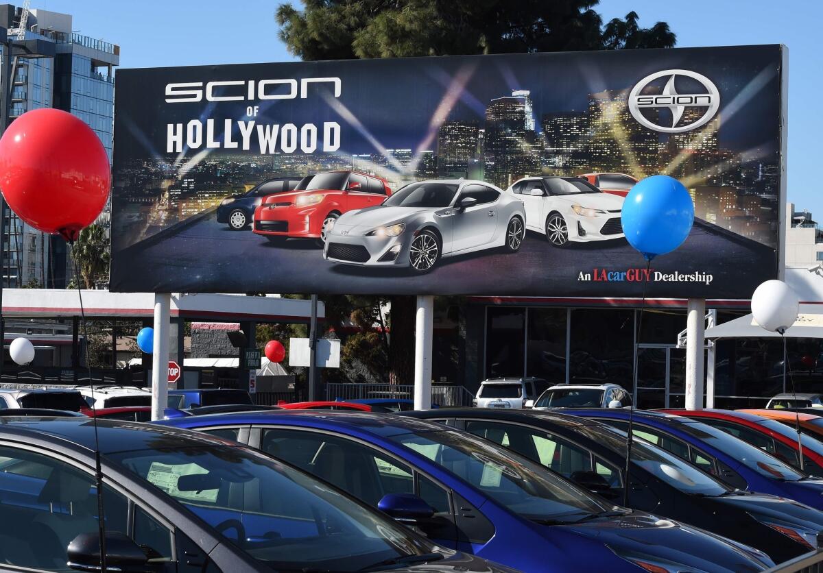 Cars at a Toyota/Scion dealership in Hollywood on Feb. 3.