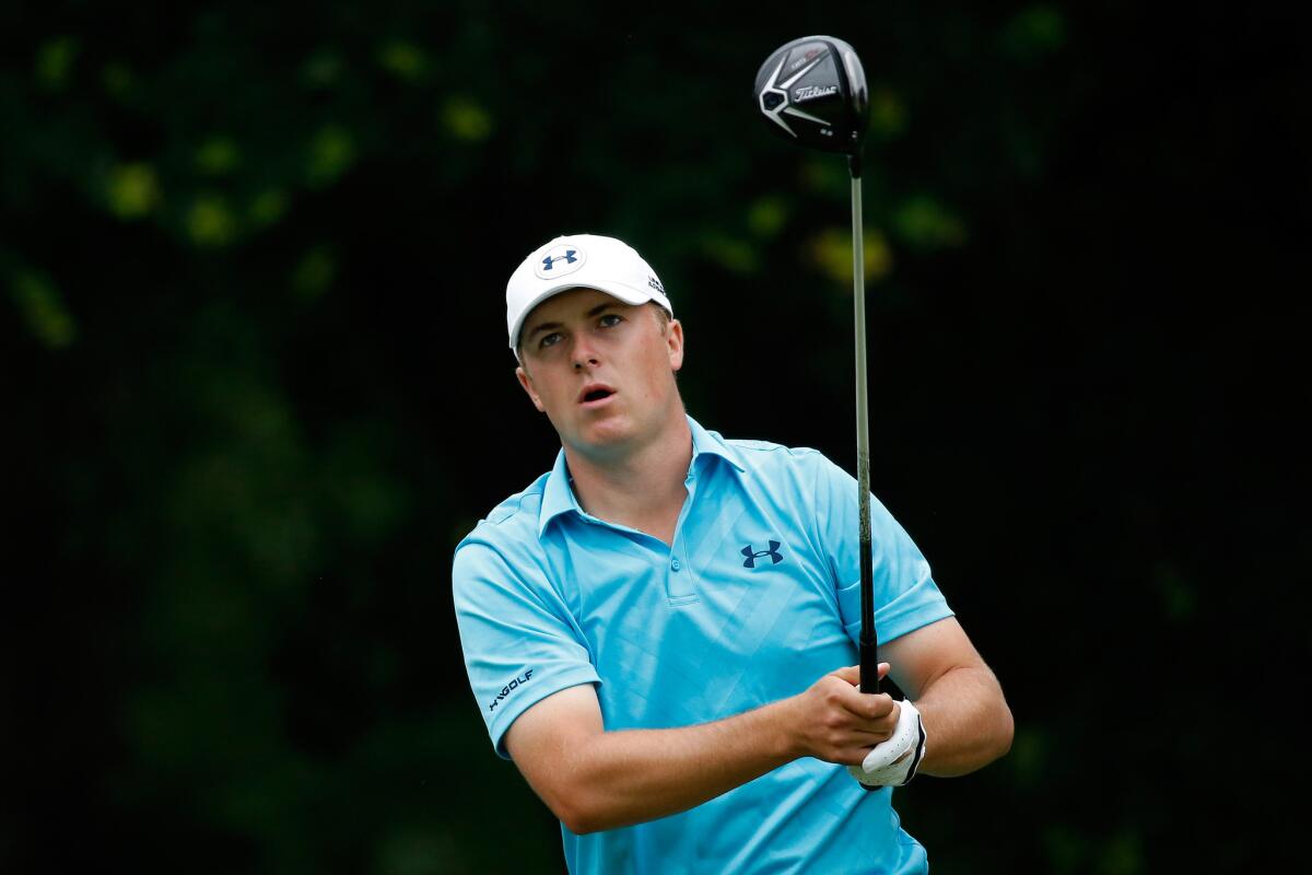 Jordan Spieth watches his tee-shot from the 12th hole during the first round of the Crowne Plaza Invitational Thursday at Colonial Country Club.