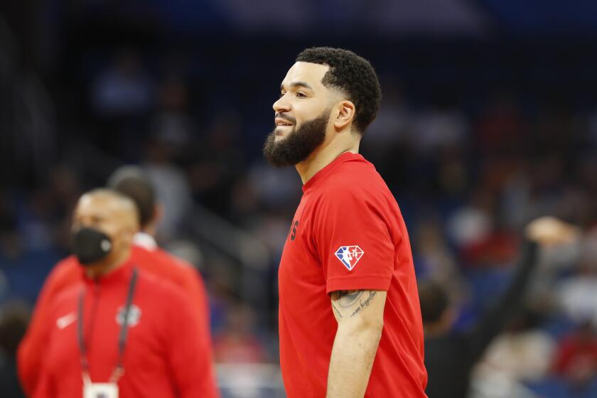Toronto Raptors Fred Van Vleet warms up before the first half of an NBA basketball game against the Orlando Magic Friday, April 1, 2022, in Orlando, Fla. (AP Photo/Scott Audette)
