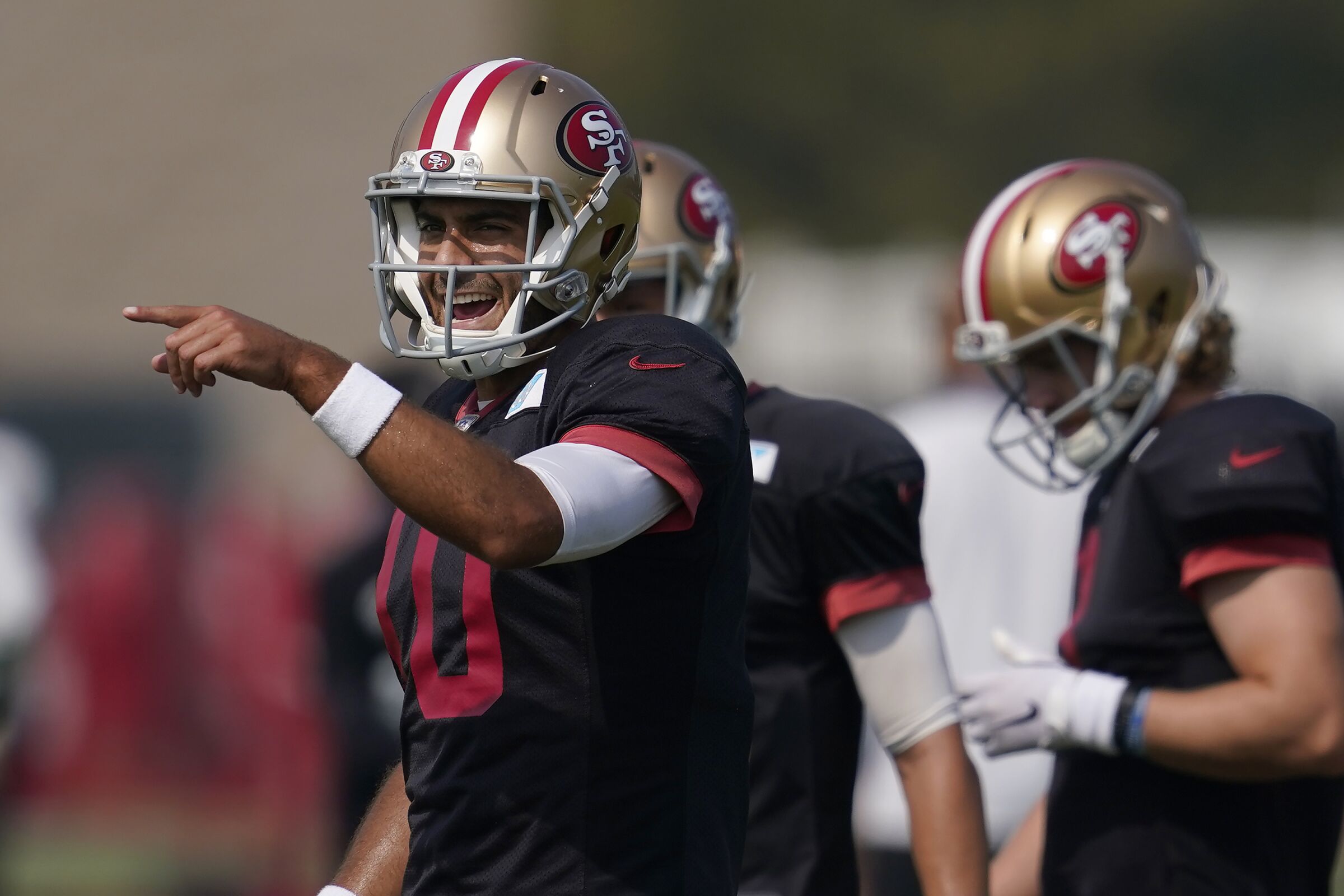 San Francisco 49ers quarterback Jimmy Garoppolo (10) gestures during NFL football practice.