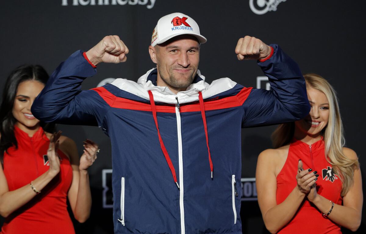 Sergey Kovalev poses during his ceremonial arrival in Las Vegas ahead of Saturday's fight against Canelo Alvarez.