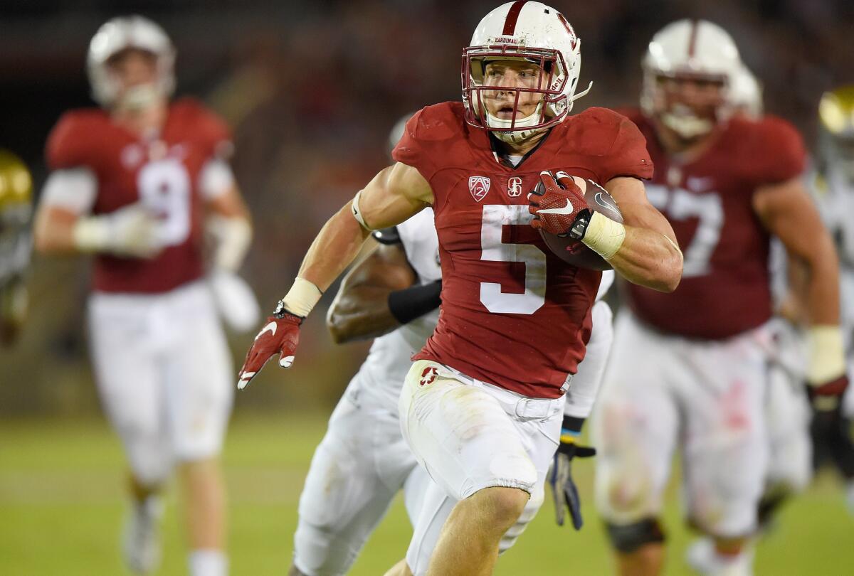 Christian McCaffrey (5), running for a touchdown against UCLA on Oct. 15, and Stanford are in the thick of the Pac-12 and CFP race.