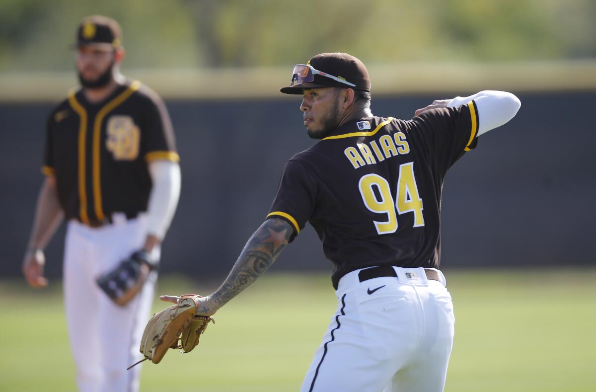 San Diego Padres Gabirel Arias makes a play during a spring training practice on Feb. 21, 2020.