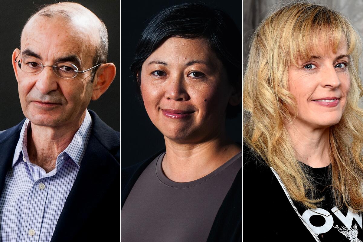 A split image of Raja Shehadeh, Yiyun Li and Maria Bamford, each smiling at the camera.