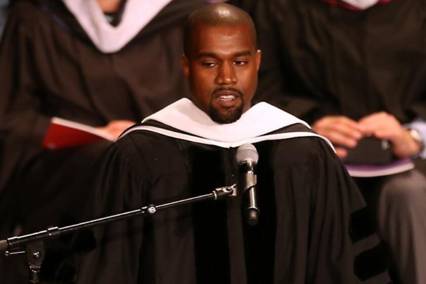 Chicago's own Kanye West speaks after receiving an honorary doctorate in fine arts from the School of the Art Institute of Chicago on May 11 at the Auditorium Theatre during the school's commencement ceremony.