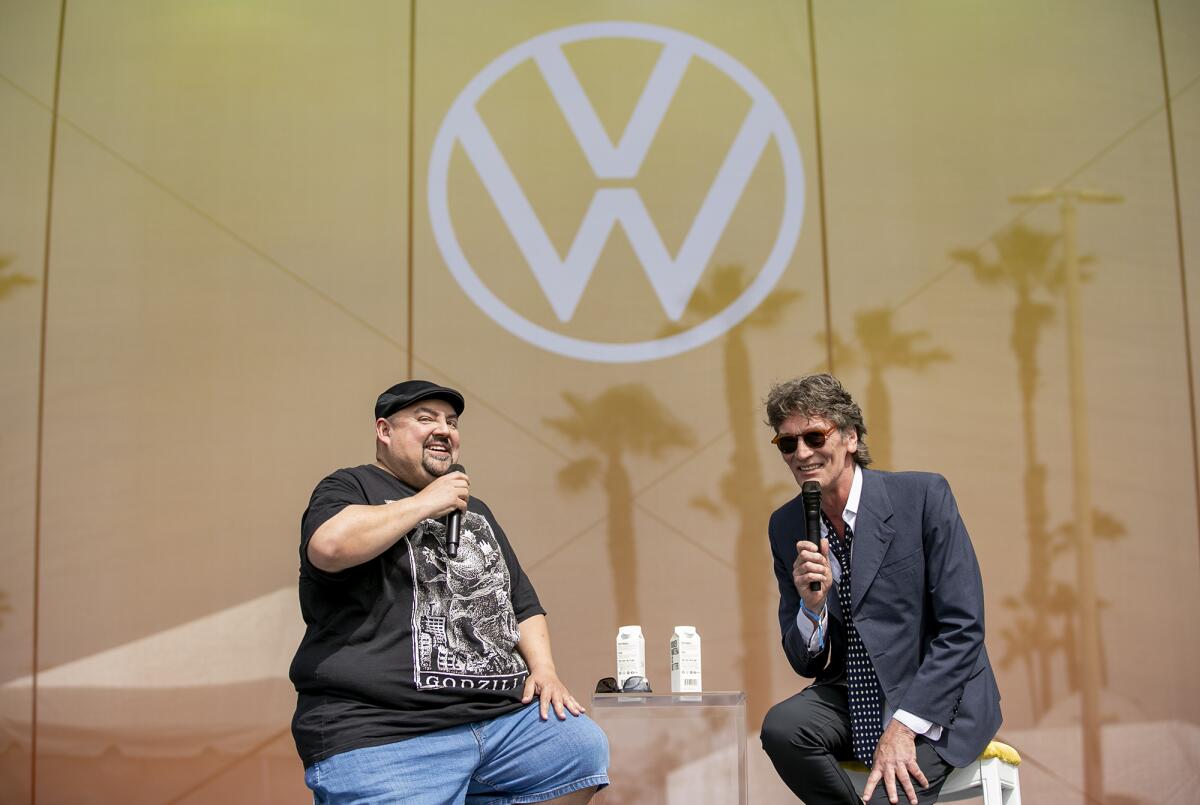 Comedian Gabriel Iglesias, speaks with Greg Gattine from Radio Woodstock on Friday in Huntington Beach.