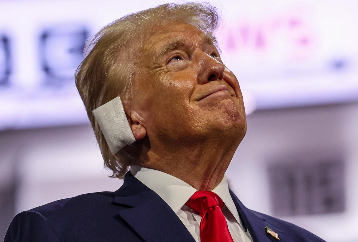 Donald Trump, a bandage on his ear, tilts up his head and smiles