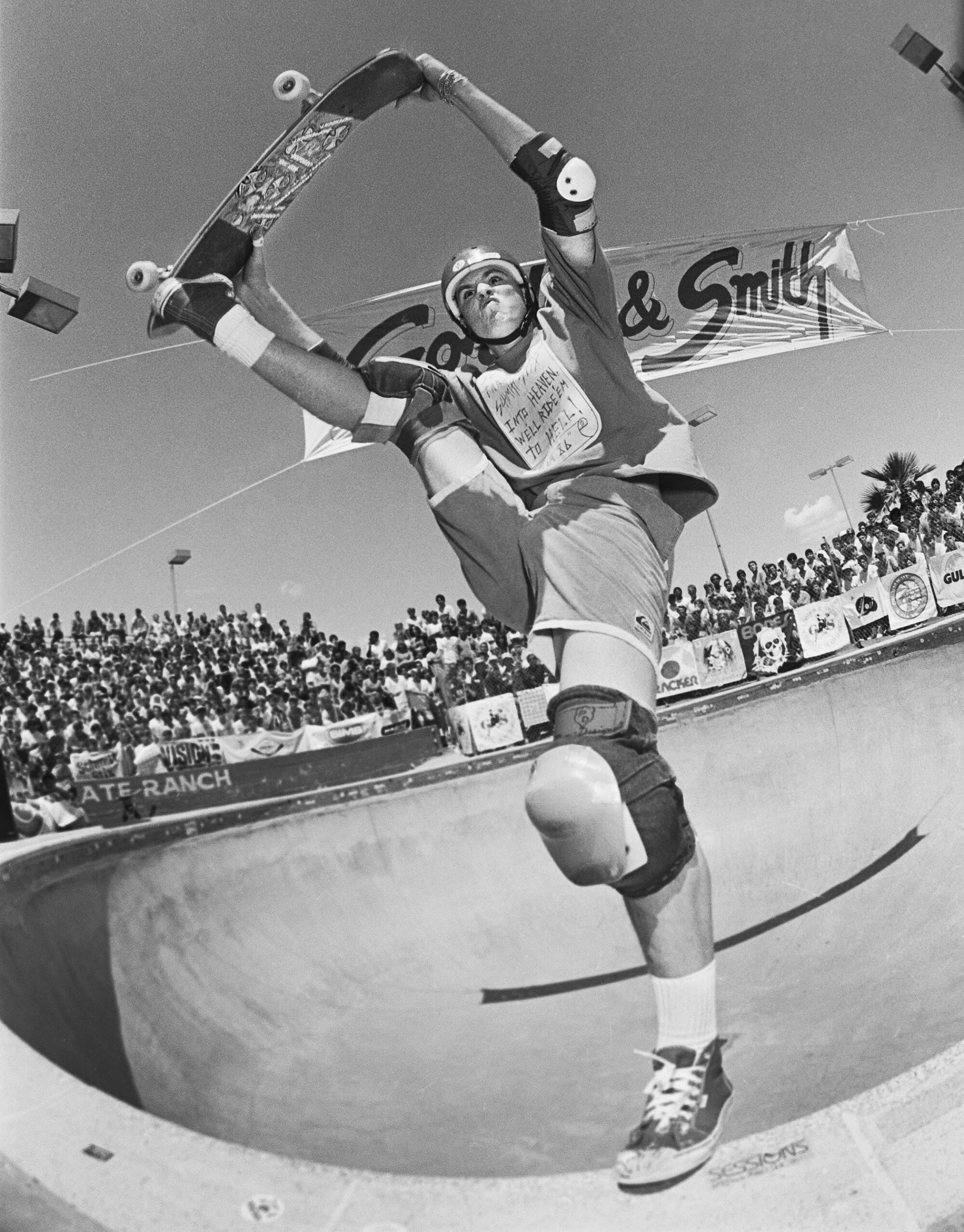 Jeff Grosso performs a Texas plant while at the Del Mar Skate Ranch in 1985.