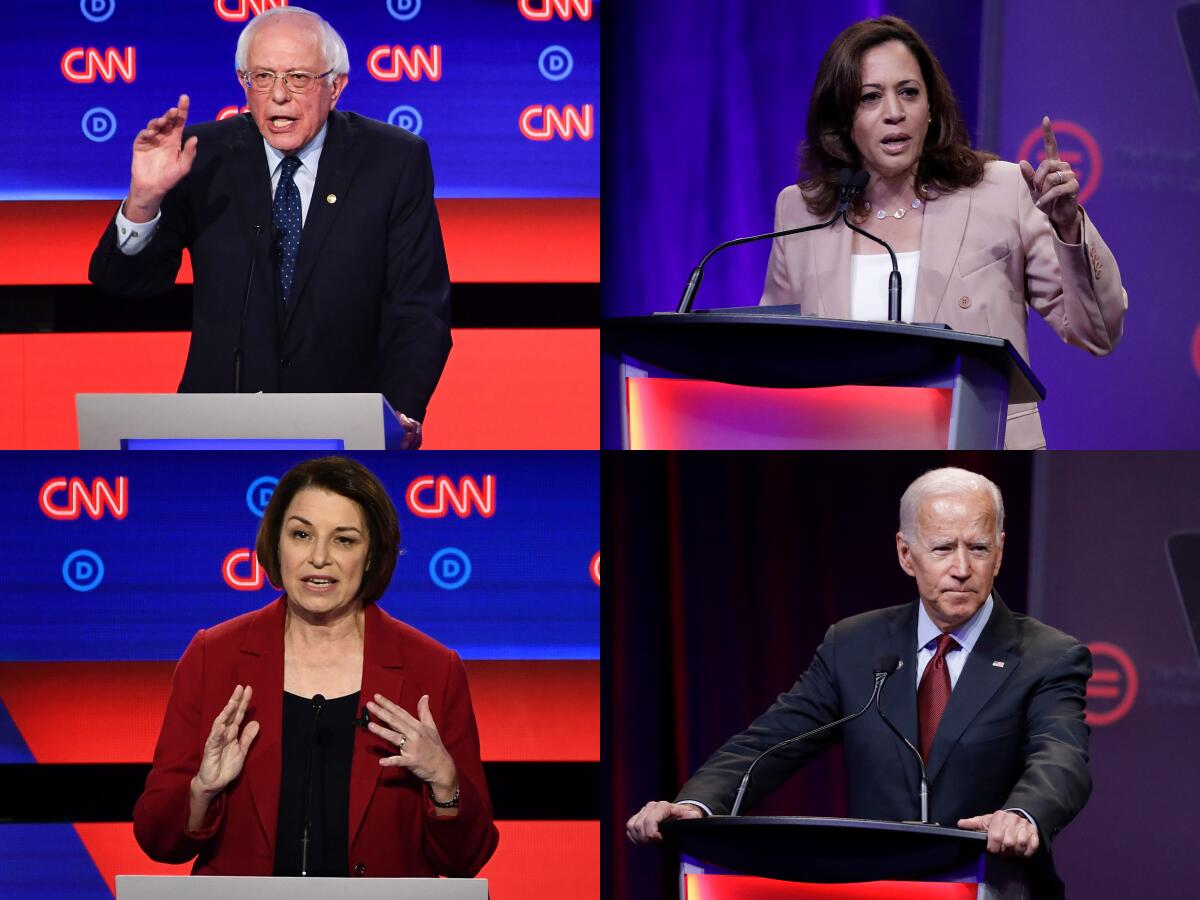 Clockwise from left: Democratic presidential candidates Kamala Harris, Joe Biden, Amy Kolbaucher and Bernie Sanders will attend the UnidosUS conference in San Diego on Monday as they try to earn support from Latino community leaders and activists.