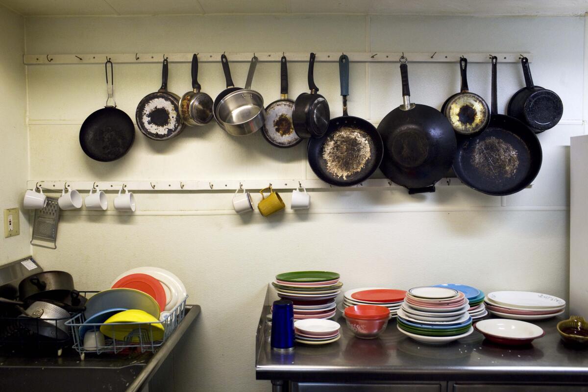 Pots and pans hang on a wall near a sink with dishes