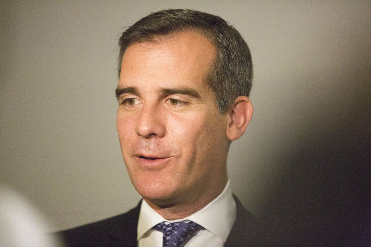 Los Angeles Mayor Eric Garcetti speaking at a recent police event downtown.