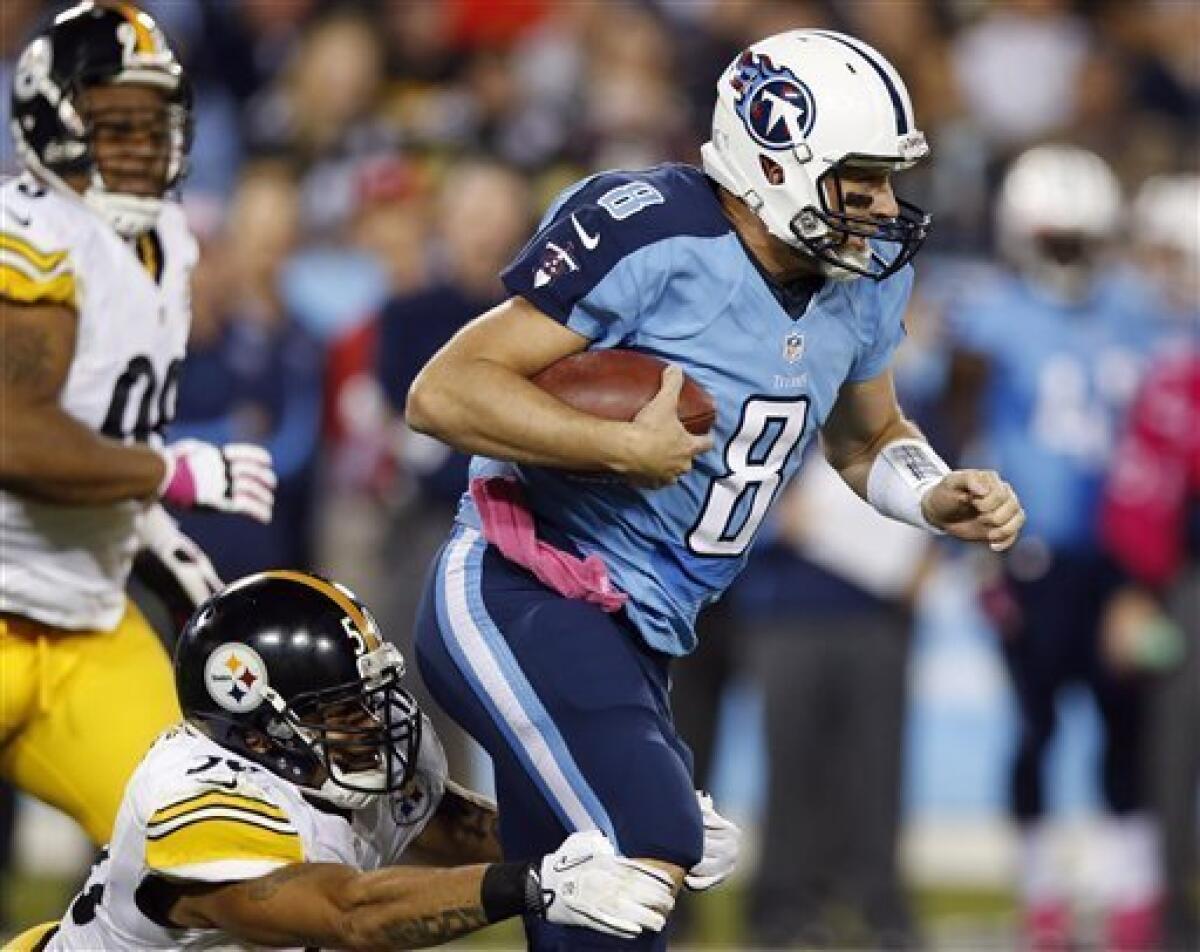 Tennessee Titans quarterback Matt Hasselbeck (8) is tackled by Pittsburgh Steelers inside linebacker Larry Foote (50) during the first half of an NFL football game Thursday, Oct. 11, 2012, in Nashville, Tenn. (AP Photo/Joe Howell)