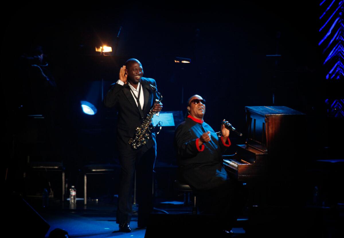 Stevie Wonder performs at the Nokia Theatre in Los Angeles on Dec. 21, 2013.