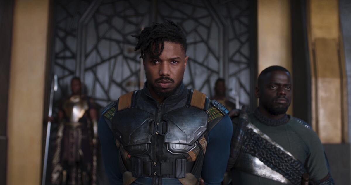 Michael B. Jordan and Daniel Kaluuya in a scene from "Black Panther."