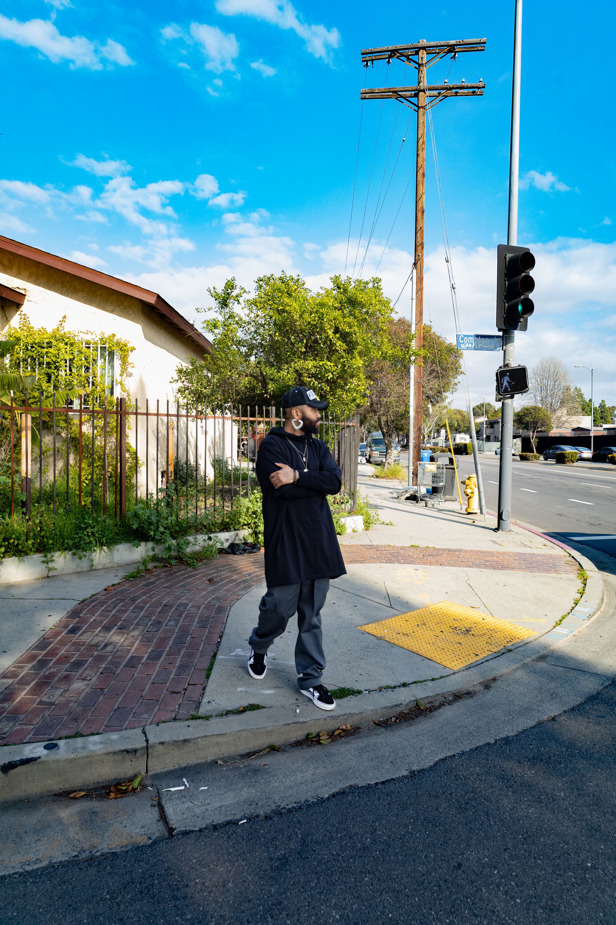 Rush Davis walk toward the street intersection of Compton and Century.